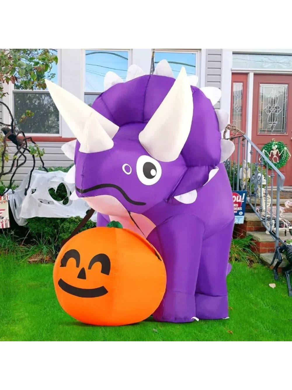 5FT Halloween Inflatable Dinosaur with Pumpkin & LED Lights - Outdoor Yard Decor